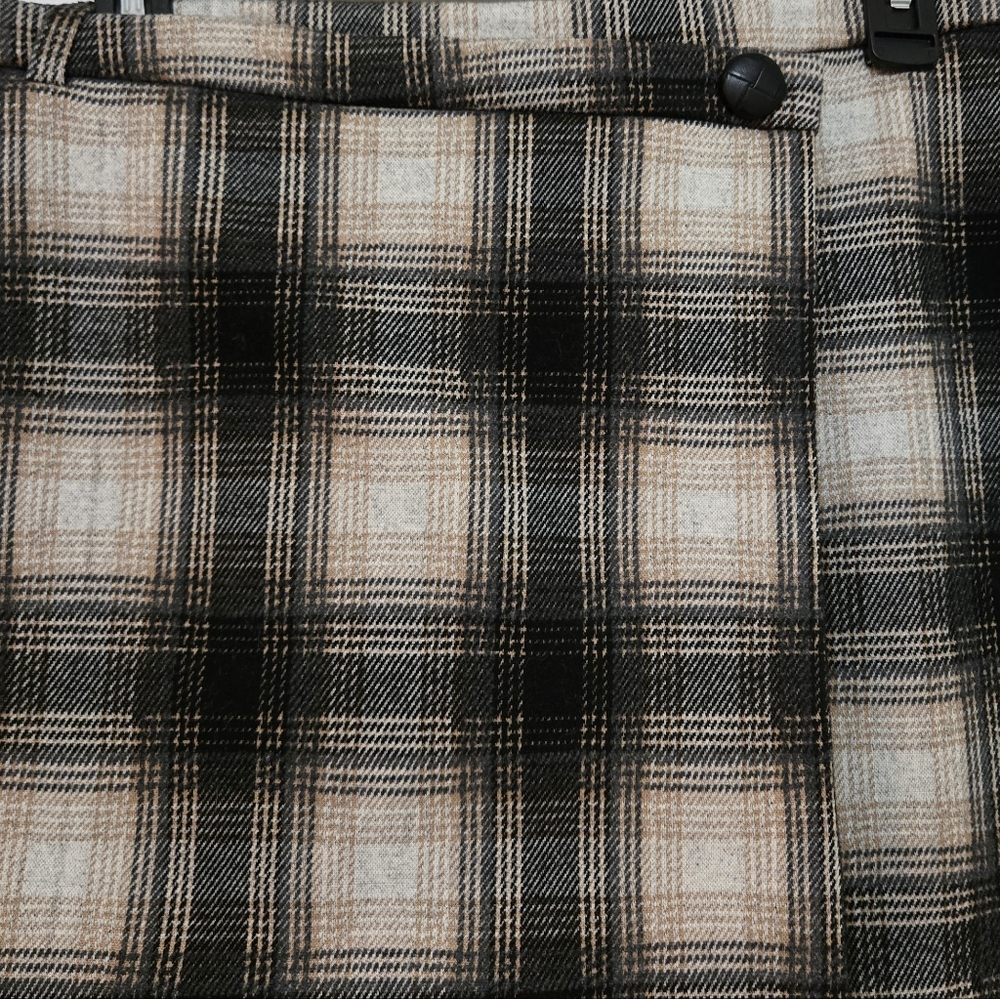 NWOT CATHERINE MALANDRINO Black/Camel Plaid Knit A-line Pull On Mini Skirt - Picture 5 of 9
